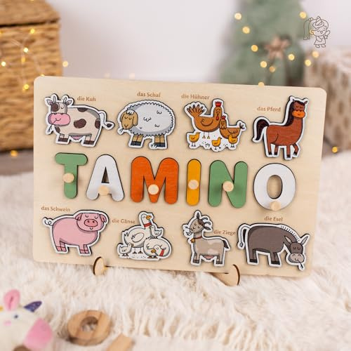 CRAFTNEZ Personalisiertes Namenspuzzle aus Holz – Montessori Steckpuzzle mit Wunschname & Motiven Geburt, Taufe & 1. Geburtstag – Lernspielzeug ab 1 Jahr - Made in EU