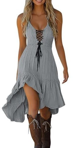 2026 Robe décontractée pour femme avec col en V et lacets, ourlet asymétrique et fluide, confortable, tenue de tous les jours pour la maison, le printemps, l'été, l'automne, gris, M