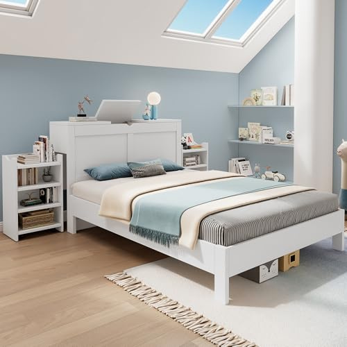 phosir Doppelbett 140x200 mit 2 ausziehbaren Nachttischen und Stauraum Holzbett Jugendbett Lattenrost Kopfteil weiß MDF Stauraumkopfende für Erwachsene Jugendliche