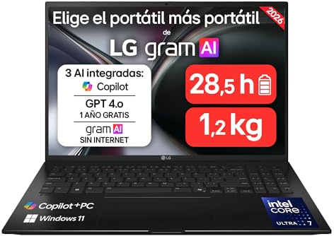 LG gram 16Z90TL-G.AU85BN - Ordenador Portátil Ultraligero de 16 Intel Core Ultra 7 258V, 32 GB RAM, 512 GB SSD, IPS Antirreflejo, 1239g, 28.5h, Windows 11, Teclado QWERTY Español, Negro Carbón
