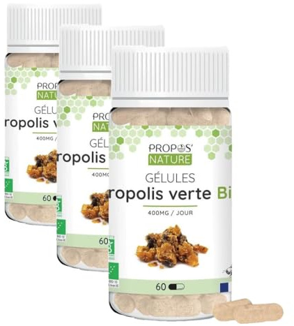 Gélules Végétale Propolis Verte Bio - enveloppe végétale - Dosées à 100mg/gélule - 60 gélules - Sans colorant ni conservateur - Certifiées bio - Agriculture Biologique - PROPOS'NATURE (Lot de 3)