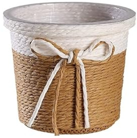 MKYYIOED Macetero Mimbre Cesta for macetero con Revestimiento de plástico y Lazo, Cesta Almacenamiento Tejida Cuerda Papel Decorativa, surtida for decoración del hogar, Boda jardín, 3 uds(A)