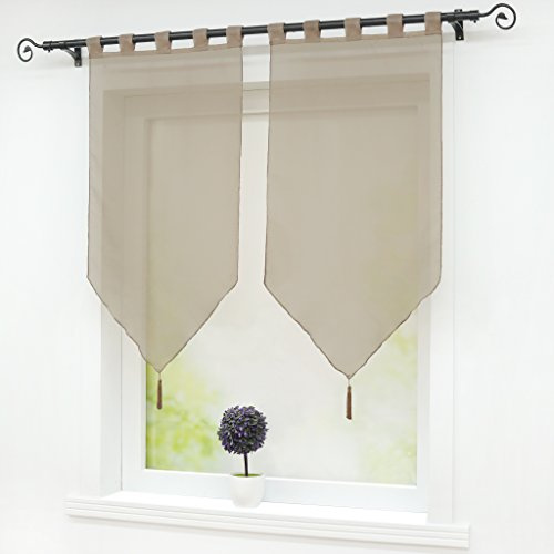 Joyswahl Scheibengardine Voile Bistrogardinen mit Quaste Braun Schlaufen | BxH 45x90cm, Panneaux 2 Stück, Fenstergardinen Einfarbig, Melina Kurzstore landhaus, Küchengardine Transparent, Kleinfenster