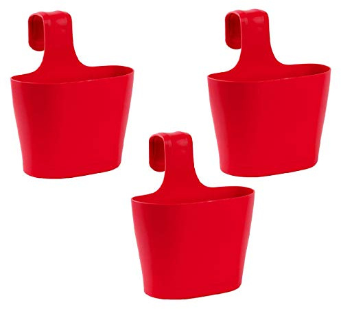 Engelland 3X Blumenkasten oval 2,8 Liter Balkon Übertopf Pflanzkasten Blumentopf zum Hängen mit 1. Bügel und Wasserspeicher Rot