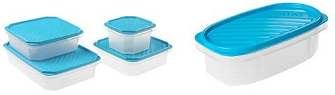 Tatay 1169000 - Set De 4 Contenedores De Alimentos Herméticos Cuadrados con Tapa Flexible A Presión Azul + 1163000 - Contenedor De Alimentos Hermético Ovalado con Tapa Flexible A Presión Azul