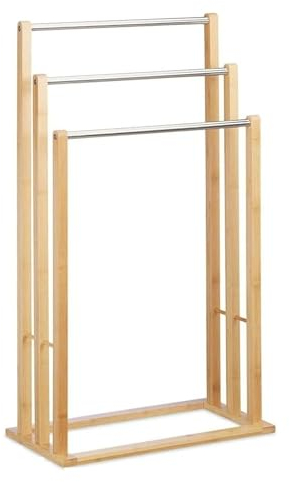 Towel Holder Freestanding with 3 Towel Rails, Towel Stand for Bathroom, Wood, Stainless Steel, HWD: 84 x 46 x 24.5 cm, Natural Camper Van Caravan Camping Shed Garage Rail