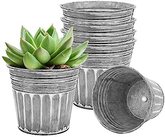 vensovo Galvanised Metal Plant Pots for Indoor Outdoor Use – 6Pcs Rustic Flower Planters with Drainage Hole & Plug, Silver Herb Pots, Small Garden Buckets for Succulents & Flowers, 10 CM