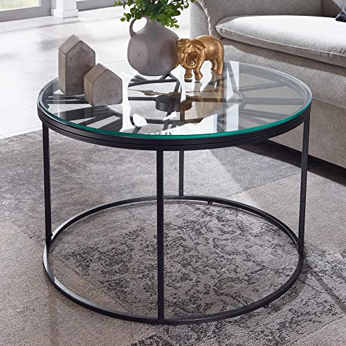 FineBuy Couchtisch Glas Metall 60x60x43 cm Sofatisch mit Deko-Uhr, Design Wohnzimmertisch Rund, Kleiner Kaffeetisch Modern, Beistelltisch Anstelltisch Wohnzimmer Schwarz