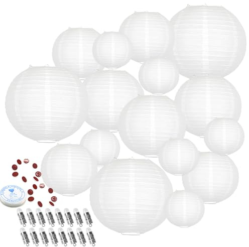 Hanging Paper Lanterns Decorative, White Chinese Paper Lanterns Ceiling Party Decorations with 16 LED Lights for Baby Shower Wedding Anniversarie Graduation Engagement Valentine's Day, Pack of 16