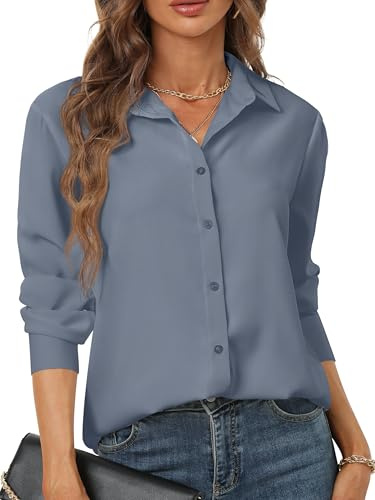 Blouses & Button-Down Shirts Womens Collared Curvy Tops Fitted Long Sleeves Tailored Dress Shirt Petite Ladies Fashion Untucked Work Management Summer Maternity Under Blazer Spring Grey Size L