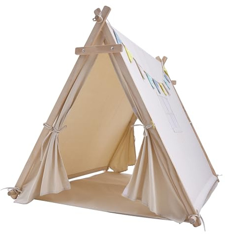 Sunny Sienna Spielzelt für Kinder in Beige mit Fenster, Flaggen & Bodenmatte | Kinderzelt aus 100% Baumwolle & FSC 100% Holz | Spielzelt/Wigwam/Tipi Zelt für Drinnen & Draußen 120 cm x 100 cm