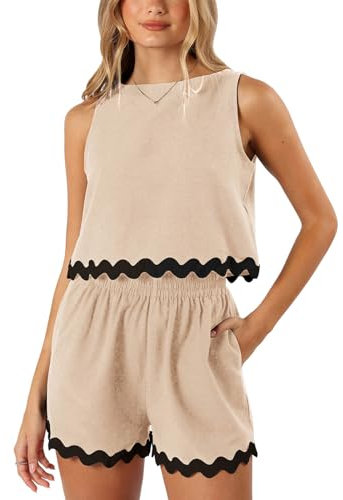 Tankaneo 2-teiliges Urlaubs-Outfit für Damen, Lounge-Set, lässig, bauchfrei, Tank-Tops, Shorts, passendes Set, Beige, M