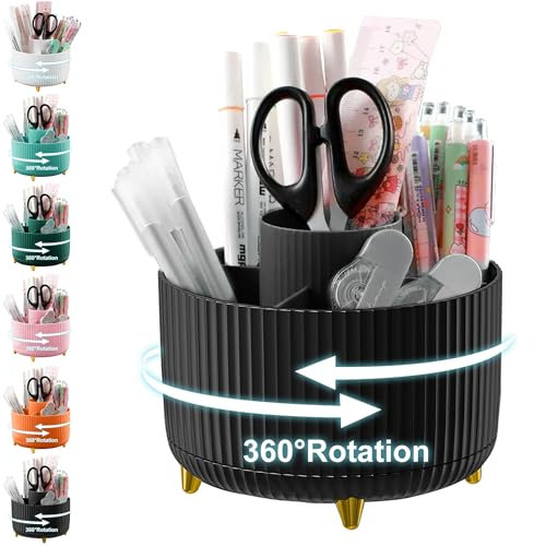 Drehbar Schreibtisch Organizer Kinder, 360° Rotierende Große Kapazitätstifte Schreibtisch Stiftehalter mit 5 Fächern, Aesthetic Schreibwaren Stifte Organizer für Büro, Schule, Zuhause (Schwarz)
