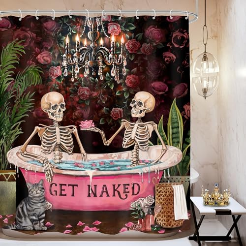 Mitpok Duschvorhang, Gothic-Totenkopf-Skelett, Vintage, romantisch, lustig, gruselig, Schwarze Rose, Retro-Blume, Pflanze, einzigartige Badezimmer-Dekoration, 60 x 72 cm, Badevorhang, Polyester, 12