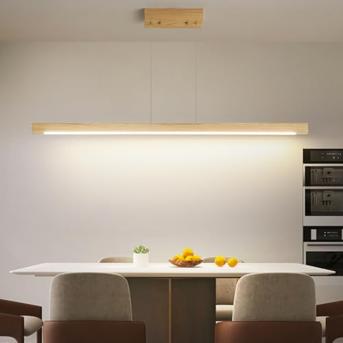 Mikeru 120cm Eschenholz Pendelleuchten, LED Esstischlampe Höhenverstellbar Quadratischer Licht aus Eschenholz 3000K/4500K/6500K Moderne Pendelleuchte mit Speicherfunktion Dimmbar für Küche