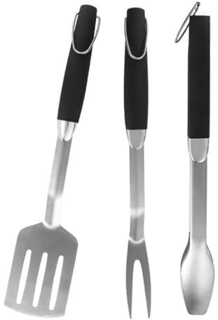 Juego de herramientas de parrilla de acero inoxidable | Accesorios para parrilla de barbacoa | 3 pinzas de espátula de acero inoxidable con mango largo | Herramientas de parrilla al aire libre para