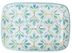 Große rechteckige Seifenschale Ablage Floral/blau aus Keramik, mit Löchern für den Wasserablauf, 13,5 x 9,5 x 2 cm