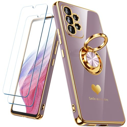 Nonional for Samsung Galaxy A53 5G Case with 2 Pack Screen Protector, 360° Rotatable Ring Holder [Luxury Hearts Pattern] Plating Gold Edge Slim Soft Phone Cover Case for Galaxy A53 - Light Purple