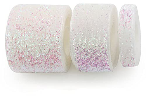 Schleifenband,Glitzer Gurtband,Schimmer Seidenband,Glitterband,Deko Band,Stoffband,Bänder zum Basteln,Glitzerband für Hochzeit Geburtstag Weihnachten Geschenkverpackung,bunt Weiß,10mm x 50 Yards