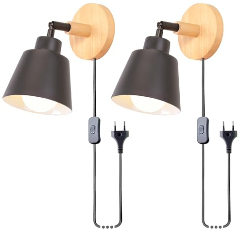 iDEGU 2 Stück Wandleuchten Innen Retro Wandlampe aus Holz und Metall Lampe mit Stecker und Schalter E27 Verstellbar Wandspot Moderne Wandleuchte für Schlafzimmer Flur Eingang Wohnzimmer (Schwarz)