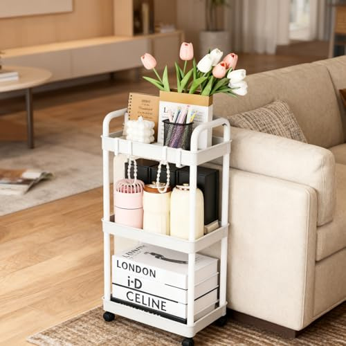 smtfcty Storage Trolley Cart 3 Tier Plastic Rolling Storage Rack, Mobile Storage Shelving Organizer Utility Cart Snack Cart Trolley for Kitchen, Bathroom, Laundry Room, Bedroom with Hooks