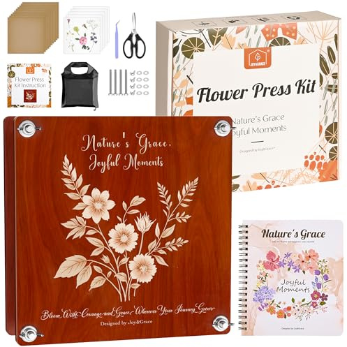 Joy&Grace Stor blompress-set, 27,7 x 27,7 cm för vuxna, 10 lagers växtpress med lock, gör-det-själv blompressar, album och torrverktygssats för blomförvaring (presentförpackning, mahogny)