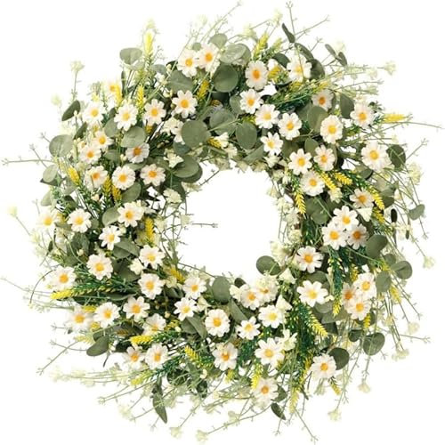 Urmagic Spring Door Wreath for Front Door, 24 Inches Artificial Wreath Large Colorful Spring Summer Wreath for Door Window Wall Decor Garland Door Wreaths Outdoor All Year Decor (White)