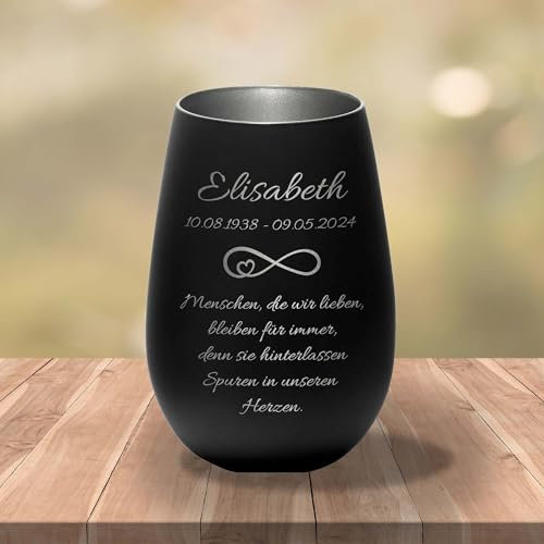 Kiwistar UG - Candela commemorativa - Portacandela - Con nome e data - Nero - Argento - Incisione - Personalizzato - Infinito - Persone che amiamo - Lanterna funebre - Regalo di lutto