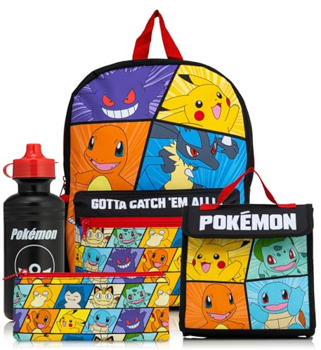 Pokemon ryggsäck 4 delar skolset |Inkluderar lunchlåda, vattenflaska och pennfodral | justerbar vadderad axelrem | nätsidoficka | tillbaka till skolan väskset, Svart, Skolväska set