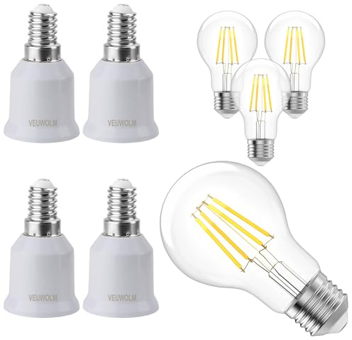 4 Sets of 8 pcs E14 to E27 adapters, E27 Screw-in Bulbs, Bayonet to Screw-in Bulb Adapter & Conversion Socket Set, Household Lighting, 6W LED Bulbs, 220V 50Hz, Warm Light [Energy Efficiency Rating F]