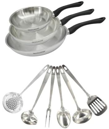 Fackelmann 9445250 Set 3 padelle 20 24 e 28 cm in acciaio inox 18/8, 6 utensili in acciaio inox, padella a induzione, padella senza PFAS, acciaio inossidabile 18/8, 20 24 e 28 cm