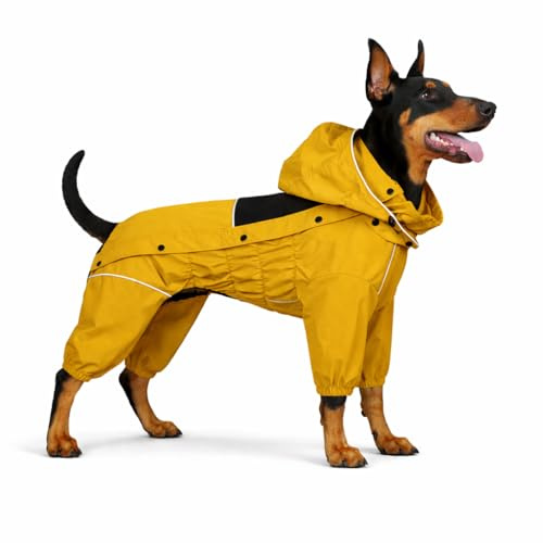 LOVELONGLONG Fleece-gefütterter Hunde-Regenmantel mit abnehmbarer Kapuze, wasserdichte Winter-Ganzkörper-Hundejacke, winddicht, schneefest, kaltwetteranzug, Gelb-F, 4XL