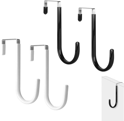 4 Pcs Over Door Hooks1.7in Door Hangers Coat Hooks Wreath Black White | Metal Core Plastic Coated No Drill Fits Most Doors For Coats Hats Towels Bags Wreaths Bedroom Bathroom Hallway