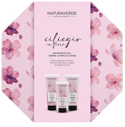 Naturaverde Gift Set Sensoriale Fiori di Ciliegio - Bagnoschiuma 200ml, Crema Corpo 100ml, Scrub Corpo 200ml, Confezione Ottagonale in Latta
