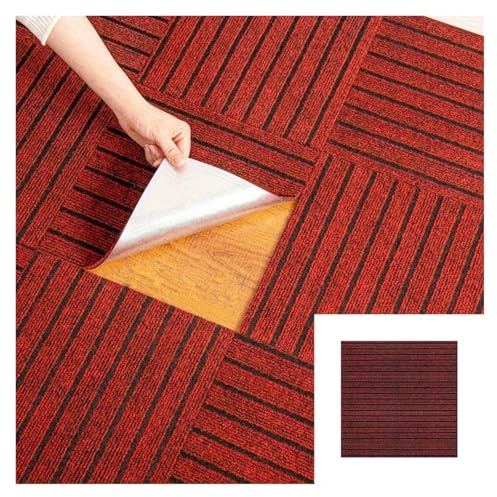 Losetas De Alfombra Autoadhesivas Alfombra moderna de rayas 30 x cm for dormitorio, sala estar, oficina, se puede extender, alfombra antideslizante autoadhesiva(Red,20pcs)