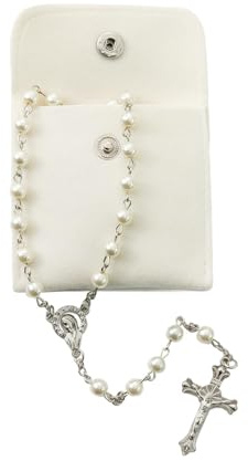 Collana Rosario Comunione, Cattolico Rosario Collana, Perle con Sacchetto di Velluto, Collana Rosario Croce Cattolica, per Rosarios, Croce, Battesimo, Comunione, Matrimonio, Festa (A)