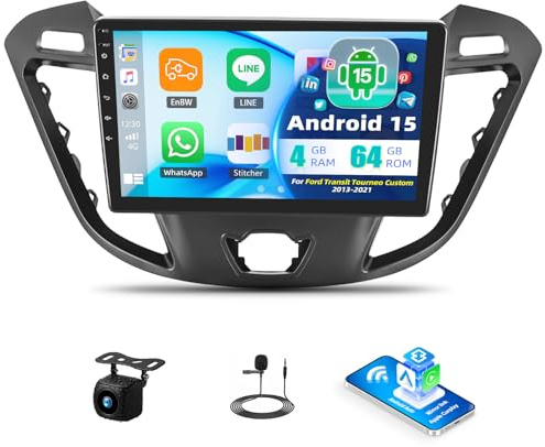 SIXTOP 4+64G Android 15 Radio para Ford Transit Tourneo Custom 2013-2021 Carplay Android Auto Pantalla Radio Coche 9 Pulgadas Bluetooth FM RDS GPS WiFi SWC EQ Cámara de visión Trasera