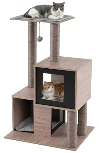 COSTWAY Arbre à Chat Maine Coon 93 cm, 2 Condos, 4 Poteaux à Griffer en Sisal, Plateformes, Arbre a Chat Design, Coussins Amovibles, Tapis en Moquette, Pompon Suspendu, 60 × 48 × 93 cm