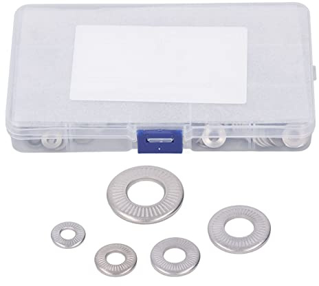 Kit de arandelas cónicas moleteadas de 140 piezas, arandelas dentadas de acero inoxidable en tamaños M4, M5, M6, M8 y M10, arandelas de bloqueo resistentes a la corrosión con caja