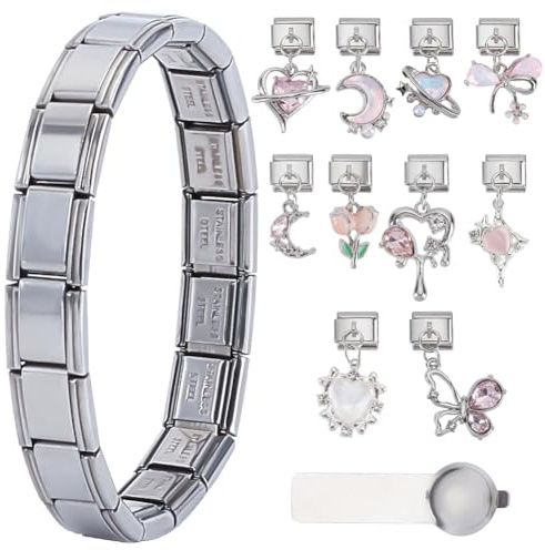 WEBEEDY Bracelet à Charme Italien Argent avec Bracelet Étoile, 10 Charnières Pendentifs et Outil d'Ouverture pour Femmes, Bracelet à Maillons Ajustables Bijou Cadeau pour la Fête des Mères
