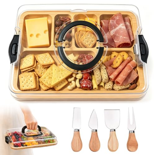 Ostbricka med lock, 35,5 x 25 x 6,5 cm, med 4 ostknivar i rostfritt stål, försluten ostbräda, för fester, picknick, vin och snacks