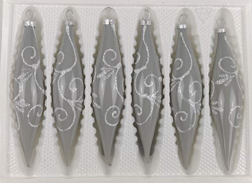 6 TLG. Glas-Zapfen Set in Hochglanz Modern Grau Weisse Ornamente Edle Neuheit - Christbaumkugeln - Weihnachtsschmuck-Christbaumschmuck