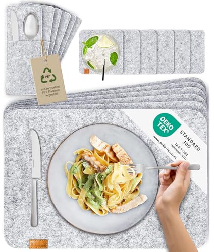 MIQIO Tischset aus Filz - 18er Tisch Untersetzer-Set - Filz Tischset abwaschbar - 6 Platzsets, Glasuntersetzer, Bestecktaschen | hellgrau | Filzuntersetzer eckig - Platzdeckchen für Weihnachten