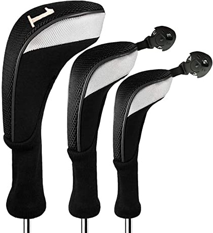 Couvre Club De Golf Bois Housses Interchangeables sans Etiquette Hybrid Driver Fairway Set, Golf Club Head Cover Femme Homme Enfant Noir Bleu Rouge (3 Pack—Noir 1 Driver+1 Fairway+1 Hybrid)