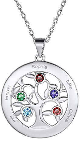 Suplight Collana da Donna con Albero della Vita Rotondo/Cuore Personalizzata con Pietra di Nascita e 2-7 Nomi in Argento Sterling 925/ Acciaio Inossidabile Confezione Regalo Per Donna e Ragazza