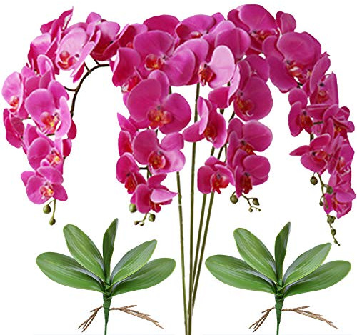 FagusHome 32 Artificial Phalaenopsis Flowers 4 Pcs with 2 Bundles Leaves Artificial Orchid Flowers Stem Plants for Home Décor (Purple)
