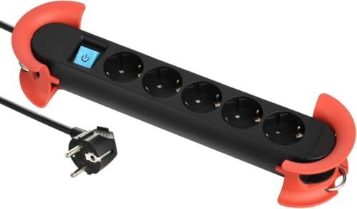 BACHMANN - Hook Indoor 5-Fach Steckdosenleiste. Mehrfachstecker mit 5 Steckern, Schalter und Haken. Farbe Schwarz & Rot. Kabellänge 5m H05VV-F 3G 1,5 mm²