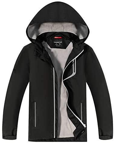 YoungSoul Manteaux Imperméables Garçon - Coupe Vent Doublé Polaire Fille - Veste de Pluie avec Capuche Amovible - Noir - 10-11 ans/Taille 150