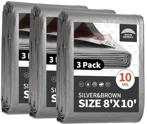 RAINDEWAY 3 Pack Heavy Duty 8ft x 10ft Waterproof Tarpaulin with Metal Grommets and Reinforced Edges, Silver/Brown Tarpaulin