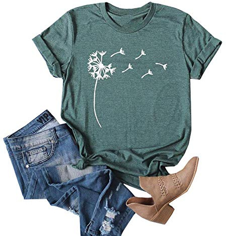 Cicy Bell Women's Dandelion Print T Shirts Cute Graphic Short Sleeve Shirt Crew Neck Cotton Tees Summer Tops Green S